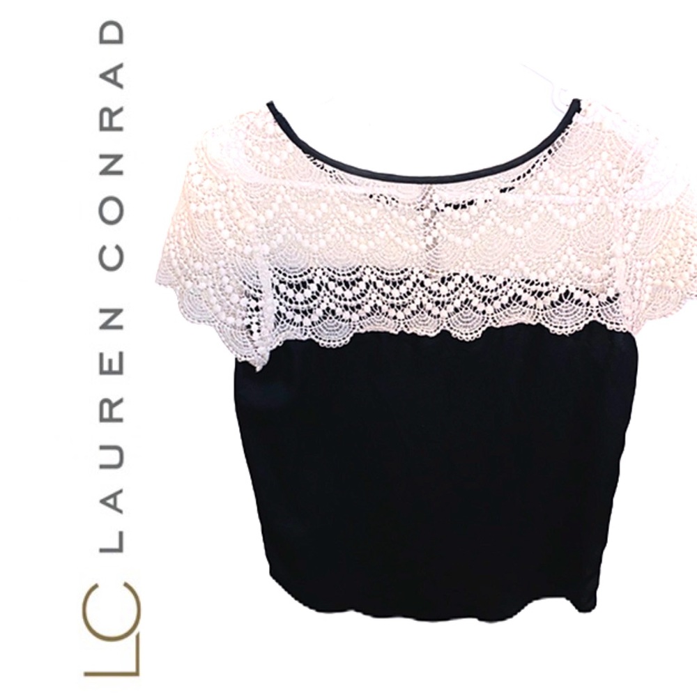 💖LC Lauren Conrad Blouse Black Silk & White Lace